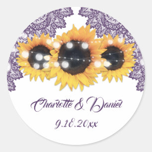Elegant Purple Rustic Sunflower Wedding Classic Round Sticker