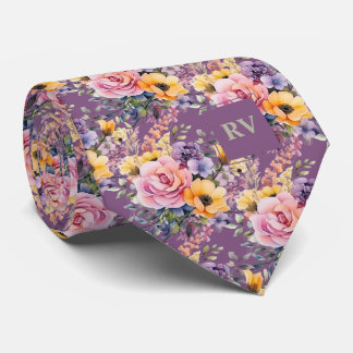 Elegant Purple Sage Green Watercolor Flowers Tie