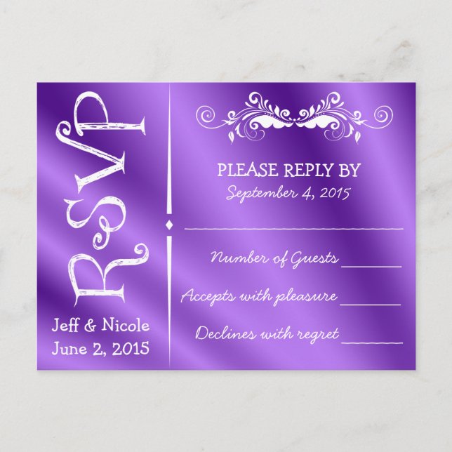 Elegant Purple Satin Wedding RSVP Invitation Postcard (Front)