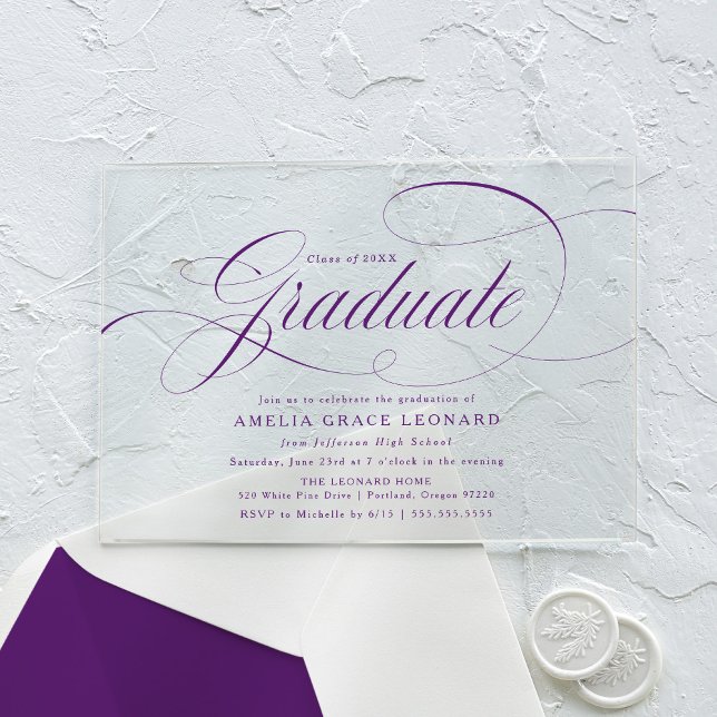 Elegant Purple Script Graduation Party Acrylic Invitations (Creator Uploaded)