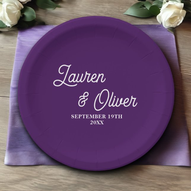 Elegant Purple Script Minimalist Wedding Paper Plate (Creator Uploaded)
