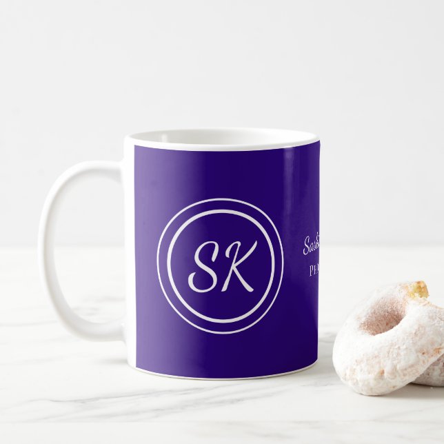 Elegant Purple Script Monogram Business Coffee Mug (With Donut)