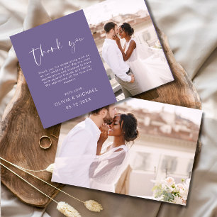 Elegant Purple Script Photo Wedding Thank You Card