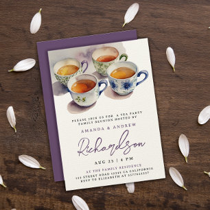 Elegant Purple Script Tea Party Reunion Watercolor Invitation