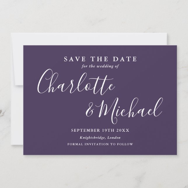 Elegant Purple Signature Script Photo Save The Date (Front)