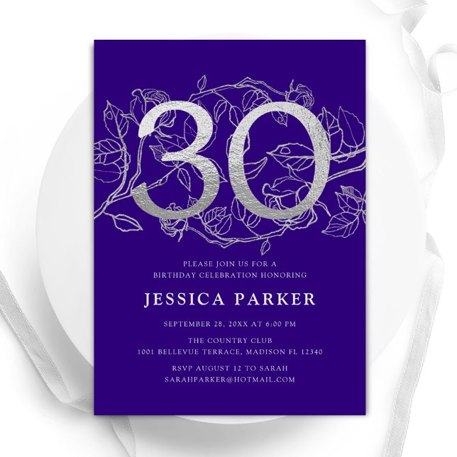 Elegant Purple Silver 30th Birthday Invitation (Creator Uploaded)