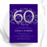 Elegant Purple Silver 60th Birthday Invitation<br><div class="desc">Elegant purple silver 60th birthday party invitation. Customisable modern feminine design featuring roses botanical accents and faux glitter silver. Simple floral invite card perfect for a stylish female bday celebration. Personalise with your own details. Printed Zazzle invitations or instant download digital printable template.</div>
