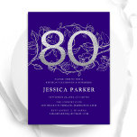Elegant Purple Silver 80th Birthday Invitation<br><div class="desc">Elegant purple silver 80th birthday party invitation. Customisable modern feminine design featuring roses botanical accents and faux glitter silver. Simple floral invite card perfect for a stylish female bday celebration. Personalise with your own details. Printed Zazzle invitations or instant download digital printable template.</div>