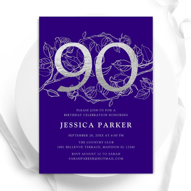 Elegant Purple Silver 90th Birthday Invitation (Creator Uploaded)