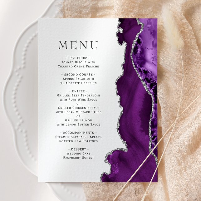 Elegant Purple Silver Agate Wedding Menu (Creator Uploaded)