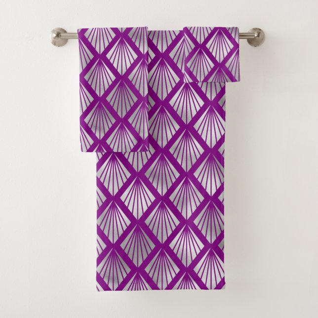 Elegant Purple Silver Fan Diamond Art Deco Bath Towel Set (Insitu)