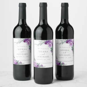 Elegant Purple & Silver Floral Eucalyptus Wedding Wine Label