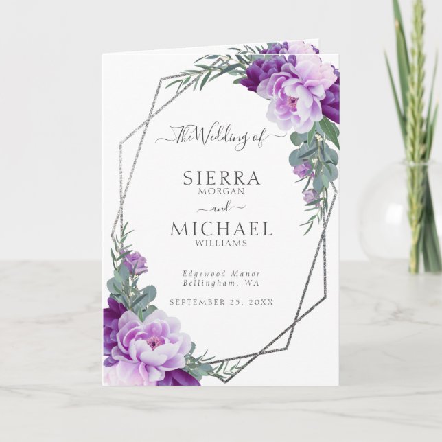 Elegant Purple & Silver Floral Folded Wedding Program (Front)