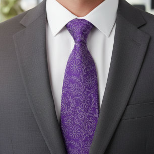 Elegant Purple Silver Floral Pattern Tie