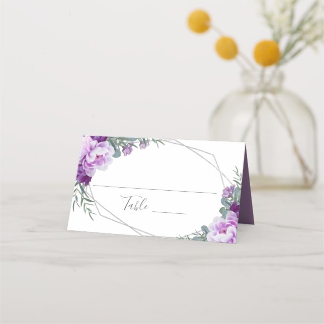 Elegant Purple & Silver Floral Wedding Reception Place Card (Front)