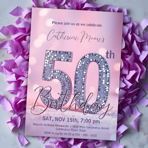 Elegant Purple & Silver Glitter 50th Birthday Invitation