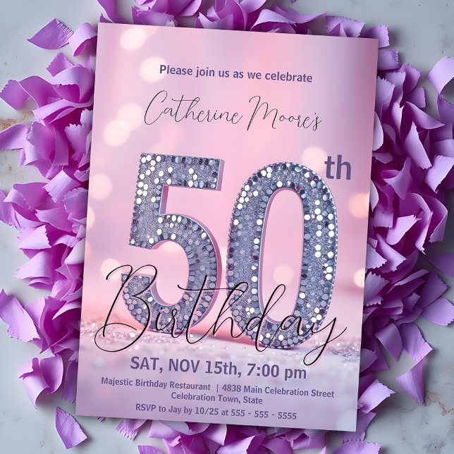 Elegant Purple & Silver Glitter 50th Birthday Invitation (Creator Uploaded)