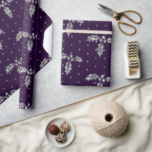 Elegant Purple & Silver Glitter Christmas Holly Wrapping Paper