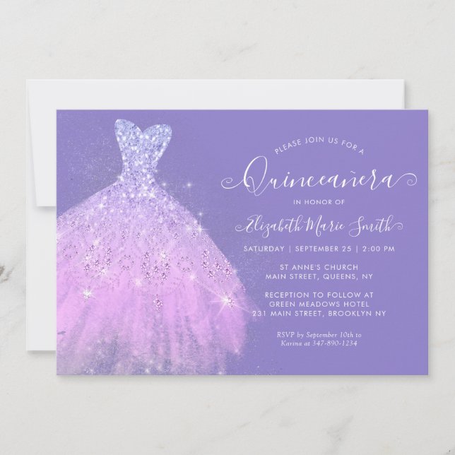 Elegant Purple Silver Glitter Dress Quinceanera Invitation (Front)