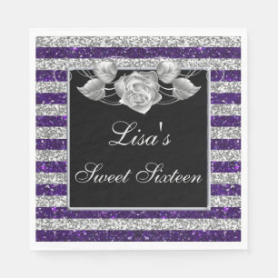 Elegant Purple Silver Glitter Silver Rose Sweet 16 Napkin