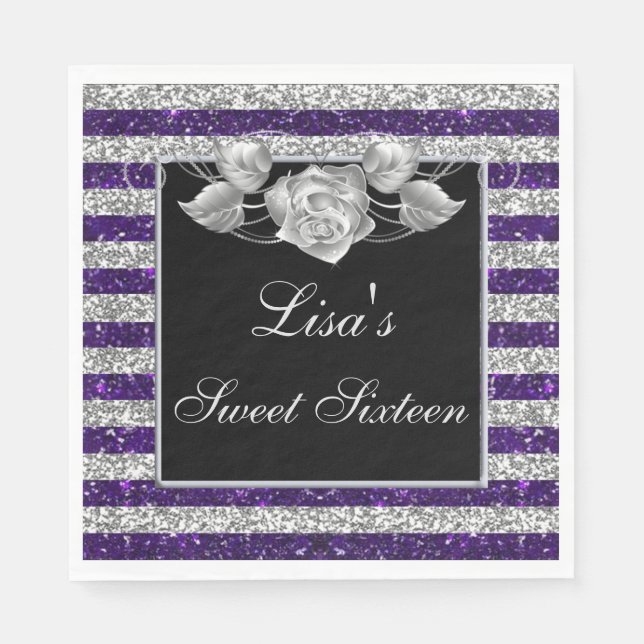 Elegant Purple Silver Glitter Silver Rose Sweet 16 Napkin (Front)