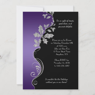 Elegant Purple Silver Holly Christmas Party Invitation
