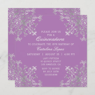 Elegant Purple Silver Ornate Floral Quinceañera Invitation