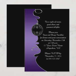 Elegant Purple Silver Swirls Black Christmas Party Invitation