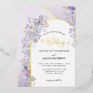 Elegant Purple Smoky Grey Floral Gold Arch Wedding