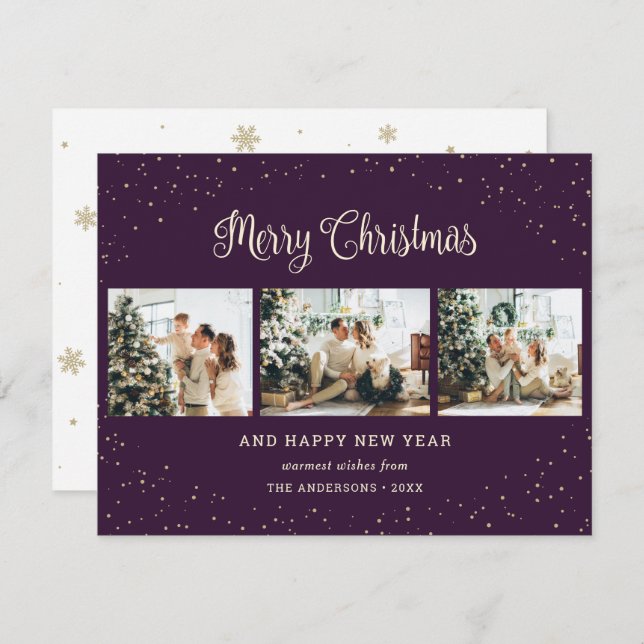 Elegant Purple Snow Photo Collage Christmas Cards (Front/Back)