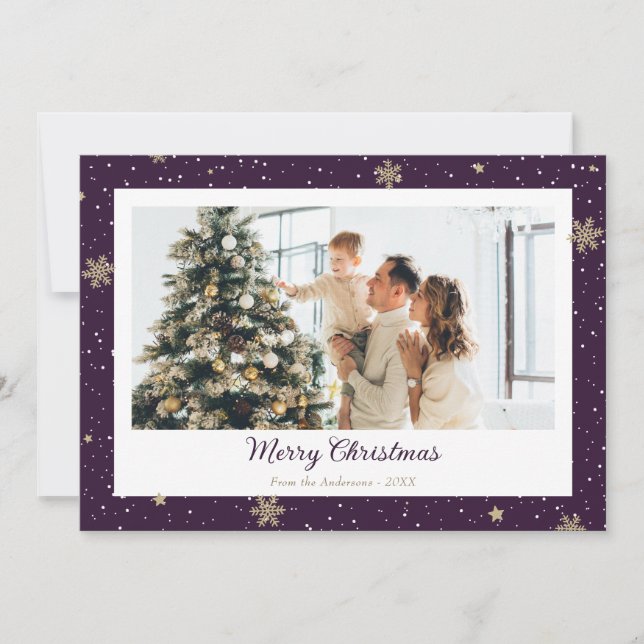 Elegant Purple Snowflake Photo Merry Christmas Holiday Card (Front)