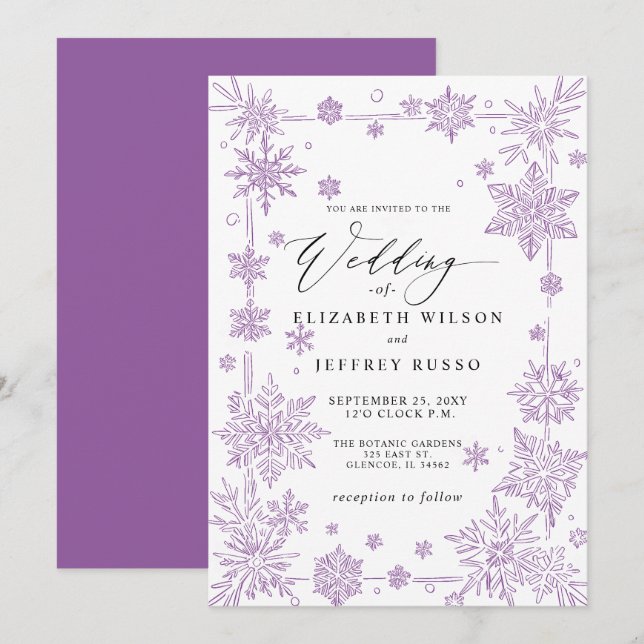 Elegant Purple snowflakes Winter Wedding Invitation (Front/Back)