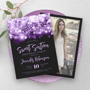 Elegant Purple Sparkle Lights Photo Sweet 16   Invitation