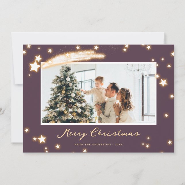 Elegant Purple Sparkly Star Photo Christmas Card (Front)