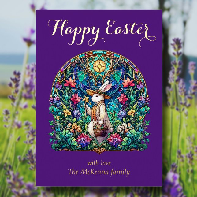 Elegant Purple Stained Glass Bunny Gardener Easter Foil Holiday Card (Creator Uploaded)