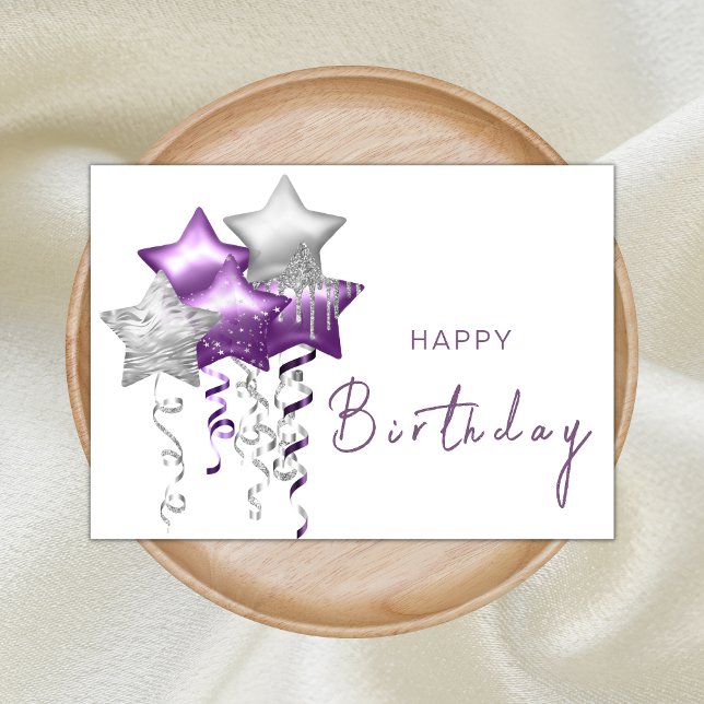 Elegant Purple Star Balloons Modern Happy Birthday Card (Creator Uploaded)
