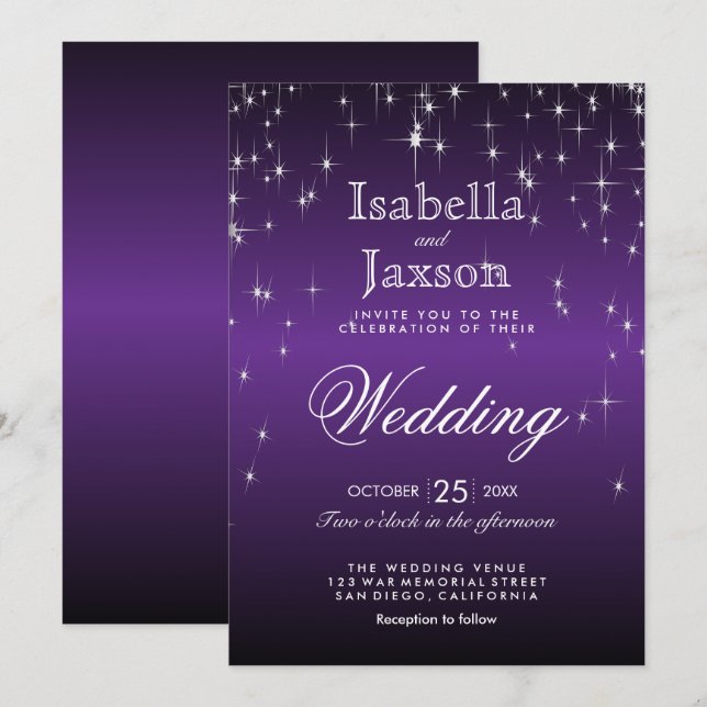 Elegant Purple Star Lights Wedding Invitation (Front/Back)