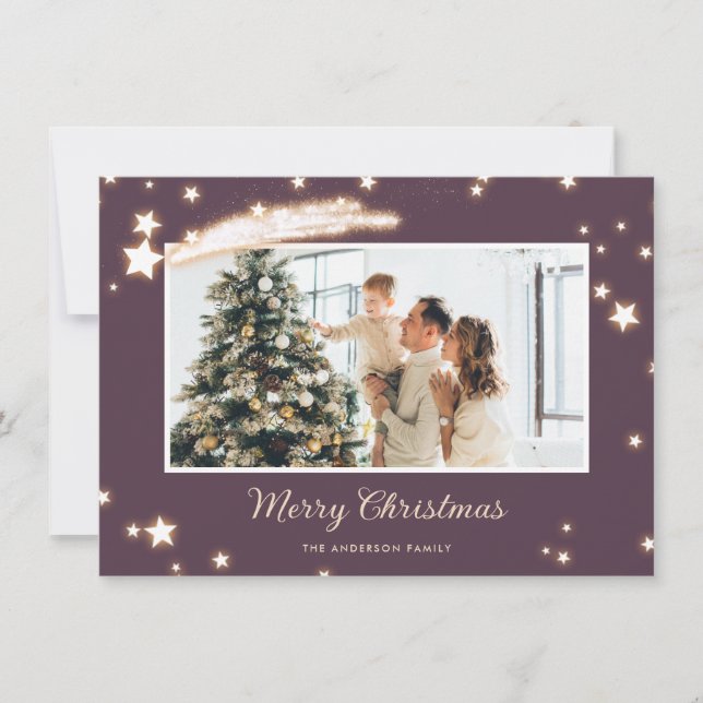 Elegant Purple Stars Photo Merry Christmas Cards (Front)