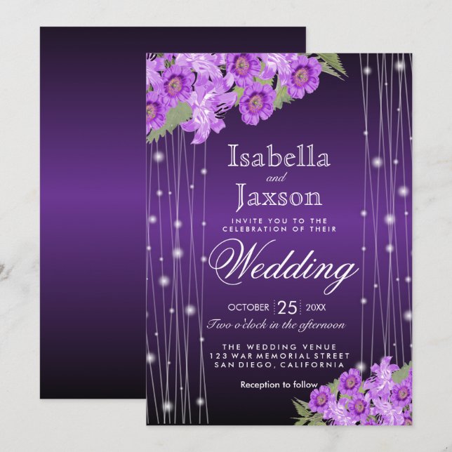 Elegant Purple String Lights Floral Wedding Invitation (Front/Back)