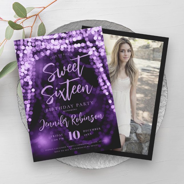 Elegant Purple String Lights Photo Sweet 16   Invitation (Elegant Purple String Lights Photo Sweet 16 Invitation)
