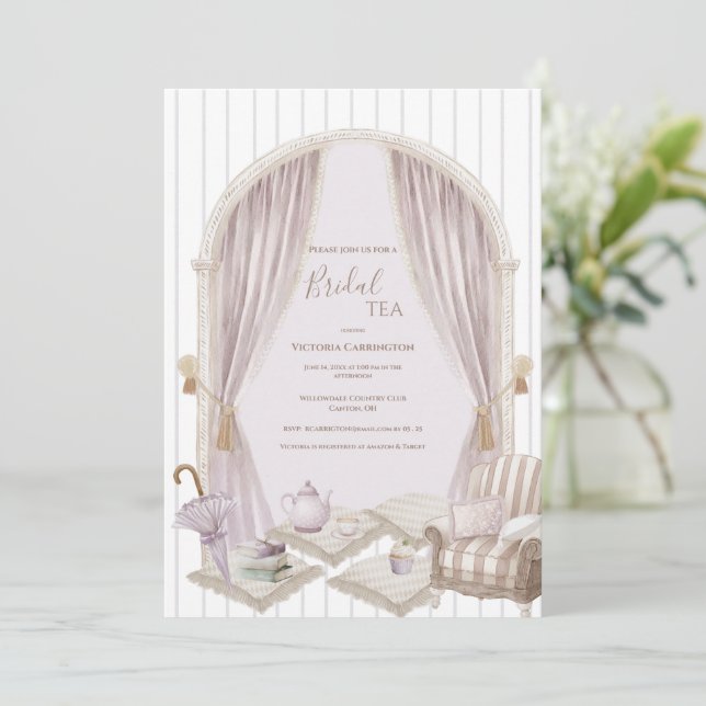 Elegant Purple Stripe Bridal Tea Shower   Invitation (Standing Front)