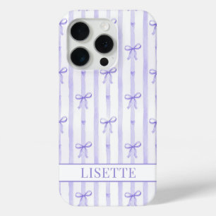 Elegant Purple Striped Coquette Bows Monogrammed iPhone 15 Pro Case