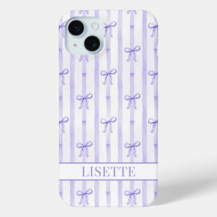 Elegant Purple Striped Coquette Bows Monogrammed iPhone 15 Mini Case