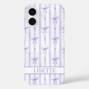 Elegant Purple Striped Coquette Bows Monogrammed iPhone 16 Case