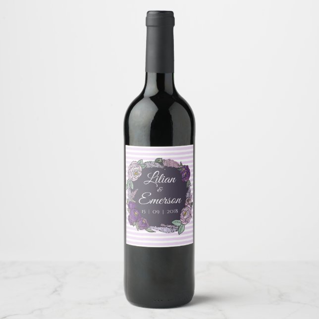 Elegant Purple Striped Floral Wedding Anniversary Wine Label (Front)