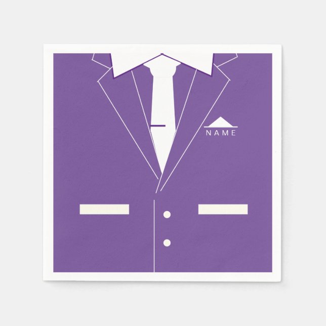 Elegant Purple Suit & White Necktie -Add Your Name Napkin (Front)