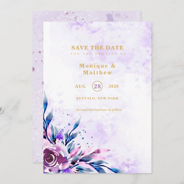 Elegant Purple Summer Peony Save The Date Invites (Front/Back)