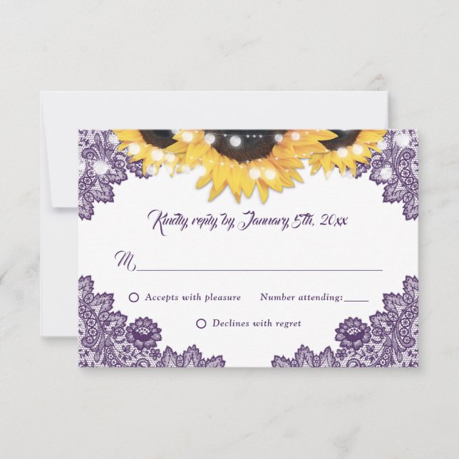 Elegant Purple Sunflower Floral Lace Wedding RSVP Card (Front)