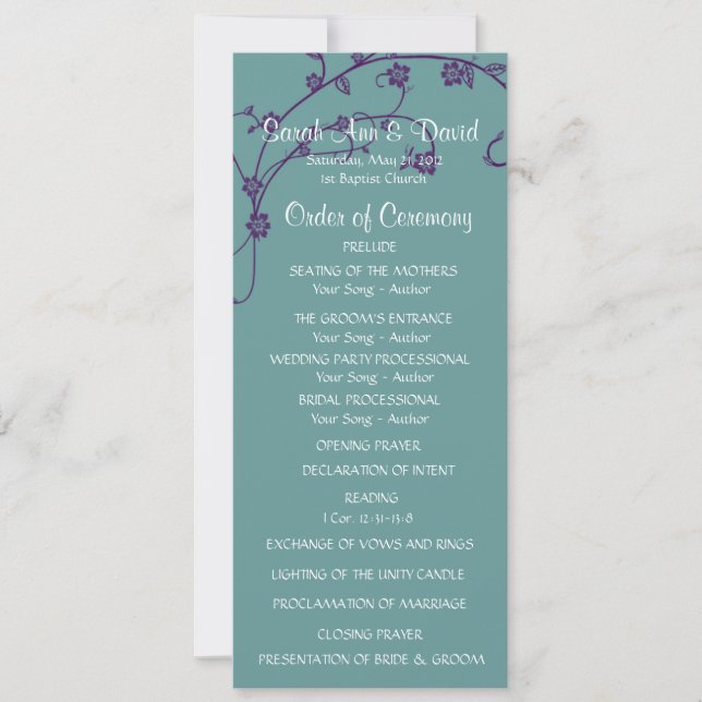 Elegant purple & teal Floral Swirl Wedding Program (Front)