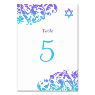 Elegant Purple Teal Flourish Bat Mitzvah Table Number
